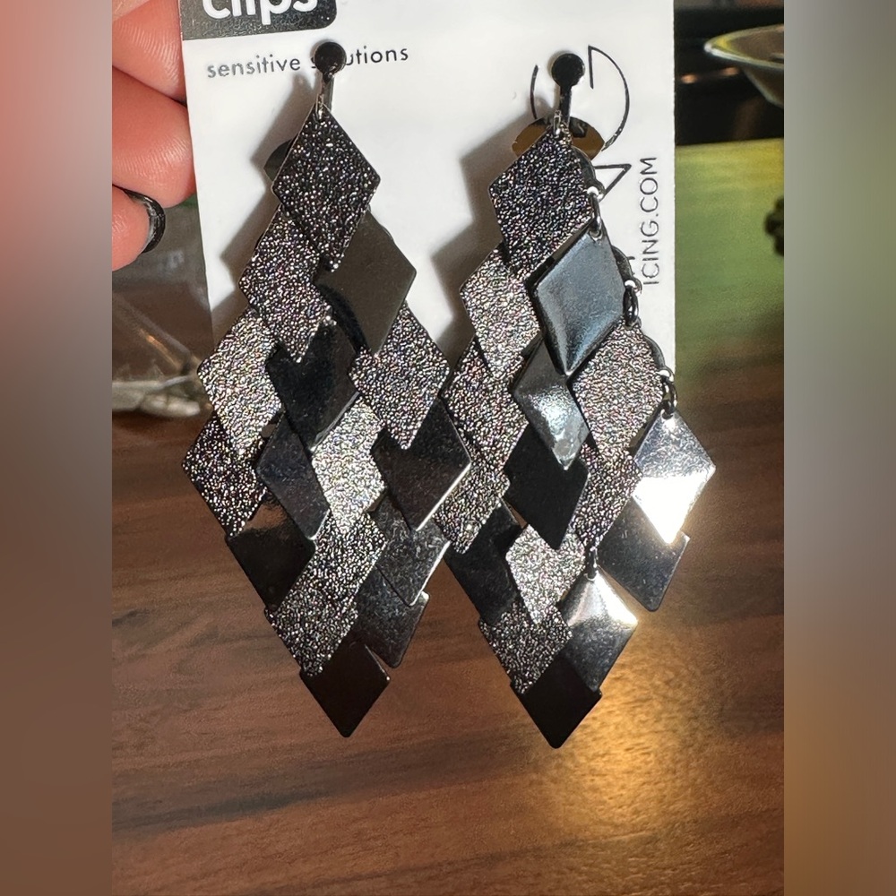Icing Hematite Tone 3" Diamond Drop Clip Earrings for Sensitive Ears